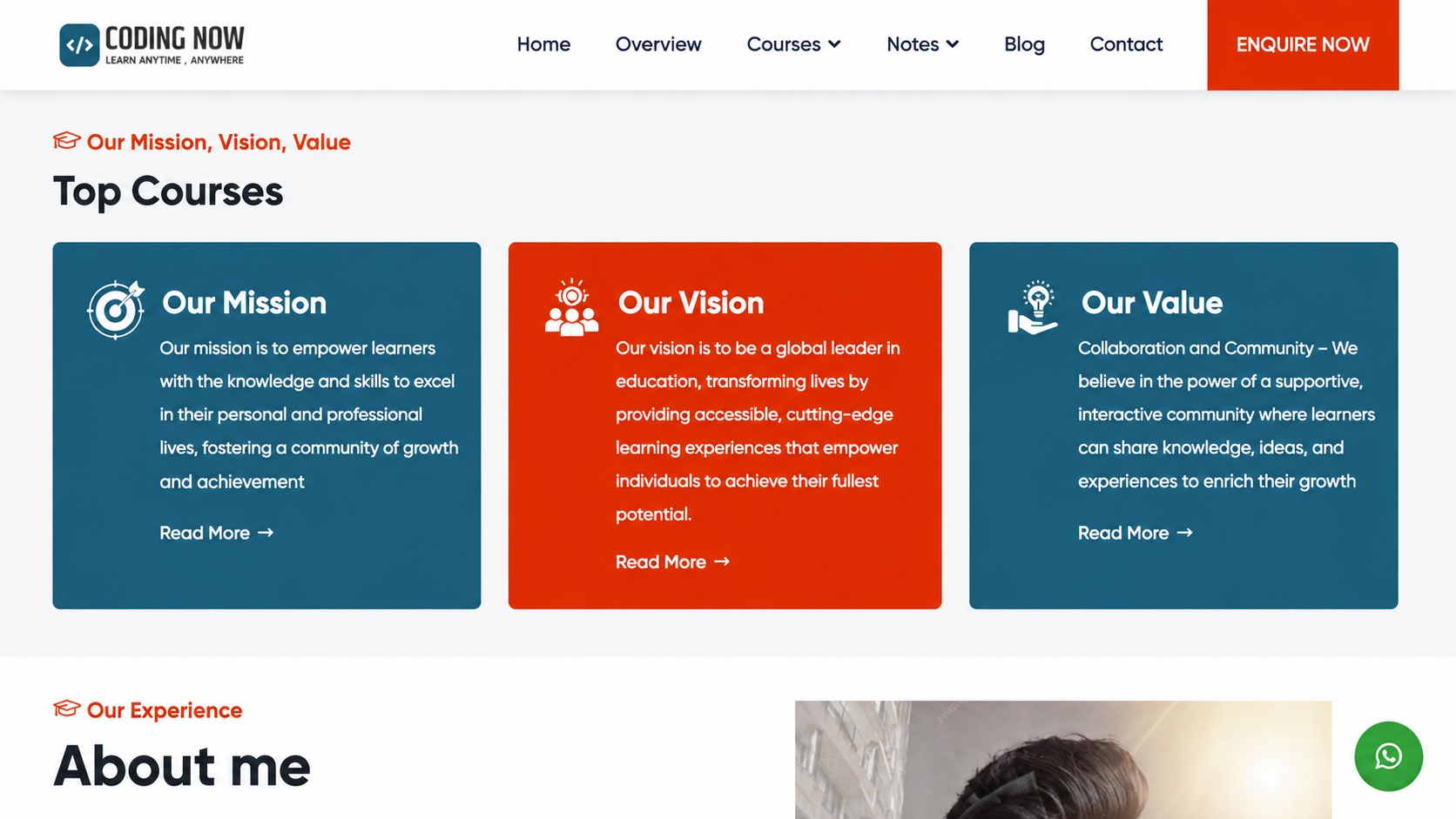 Coding Now - mission, vision, value section
