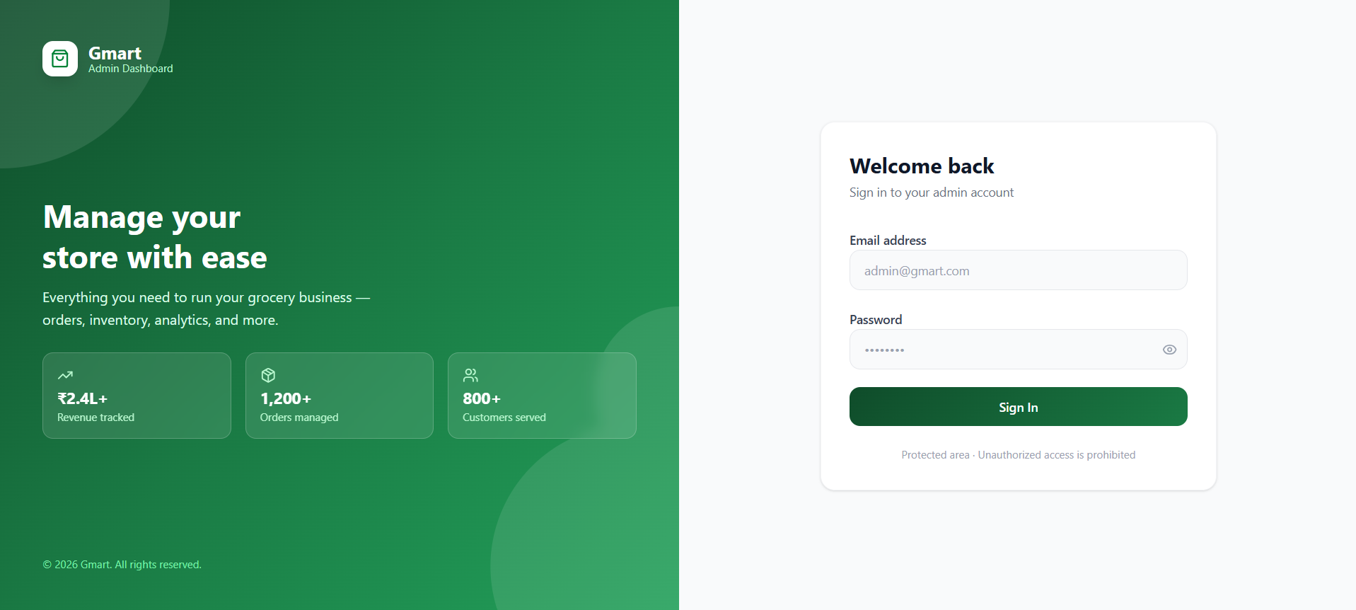 Gmart admin dashboard - store management login screen