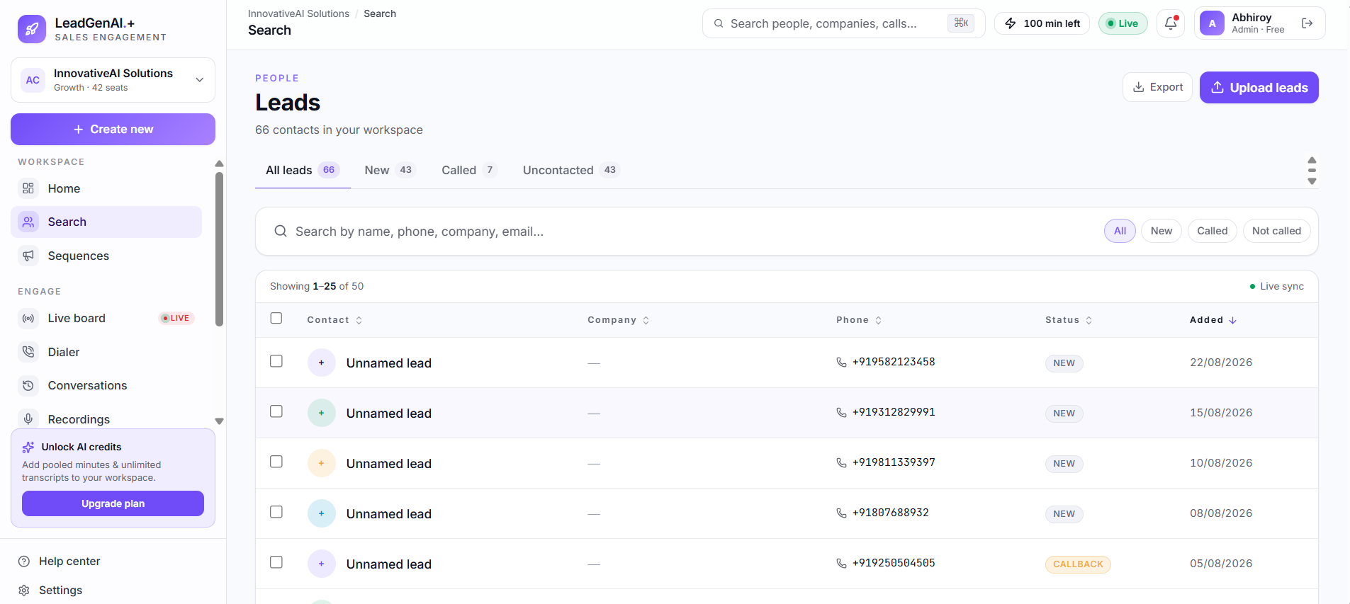 LeadGenPlus.ai Leads search - contact database with status tabs