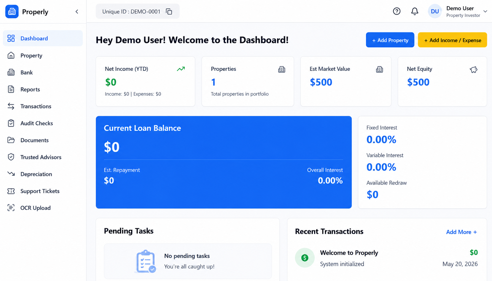 Properly - investor dashboard with loan and income tracking