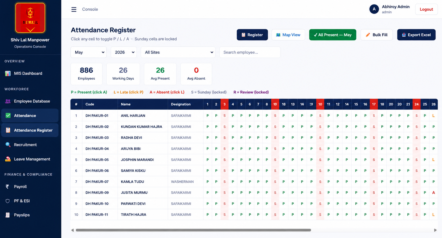 Shivlal Manpower HR and attendance management system - portfolio project